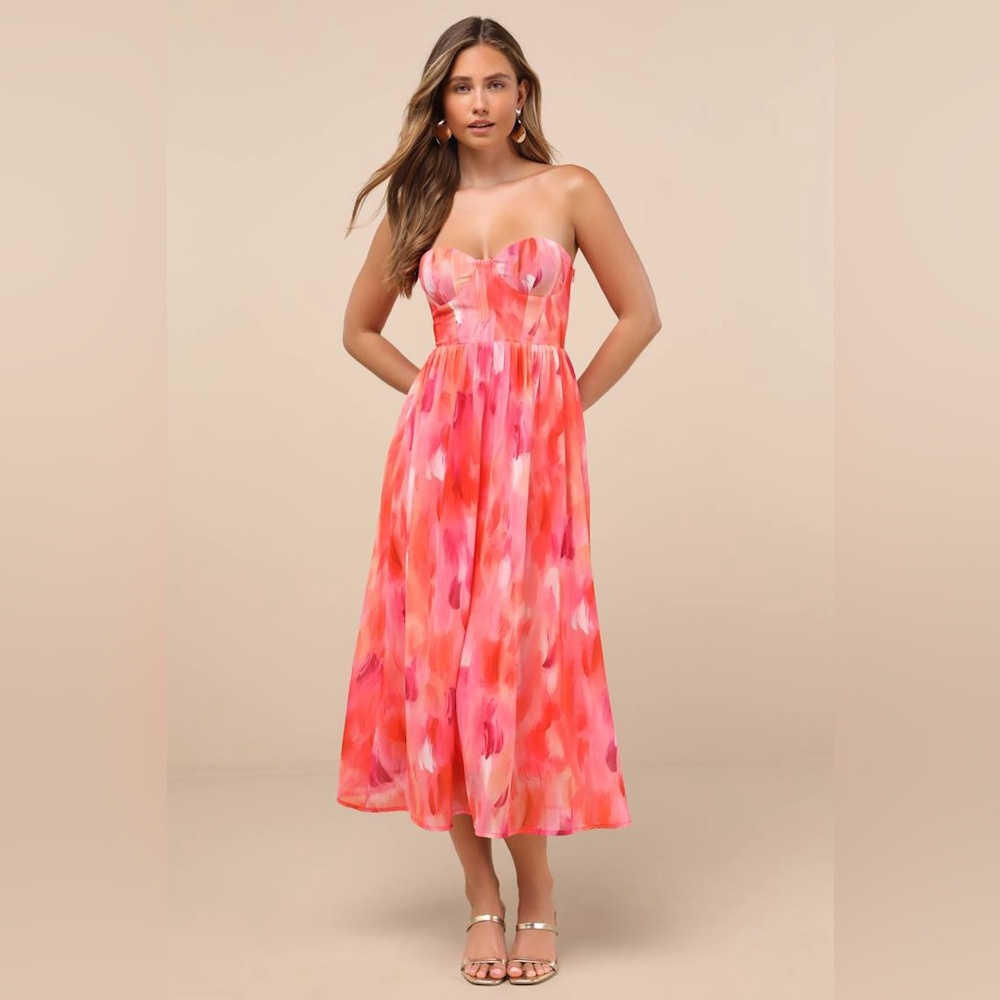 Lulus Aysel Coral Pink Abstract Strapless Bustier Corset Midi Dress Large NWT